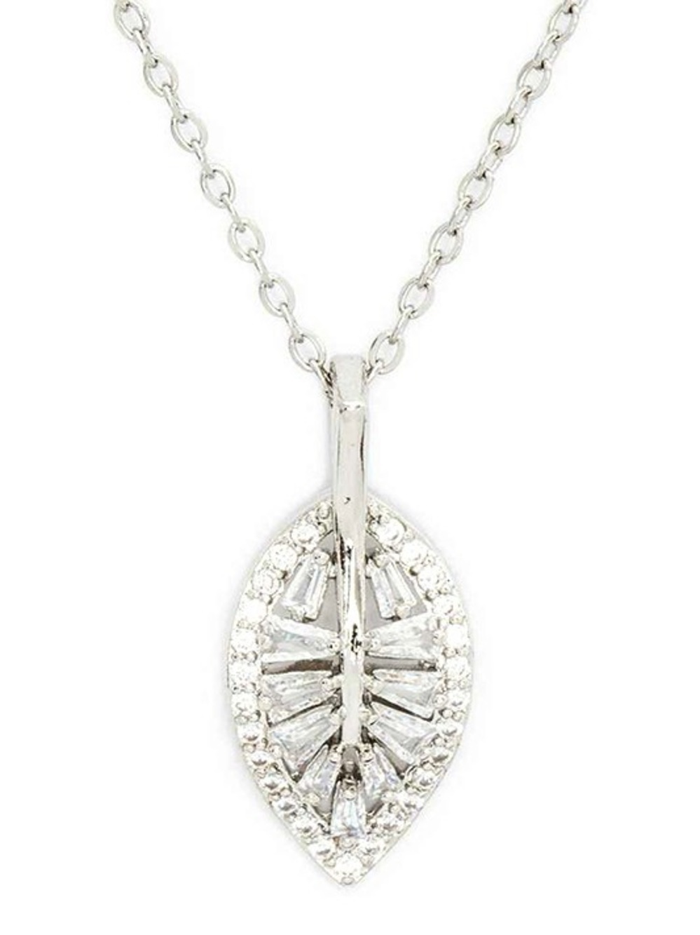 Rhodium CZ Leaf Pendant Necklace Dainty Silver Baguette Crystal 16” + 2” Ext